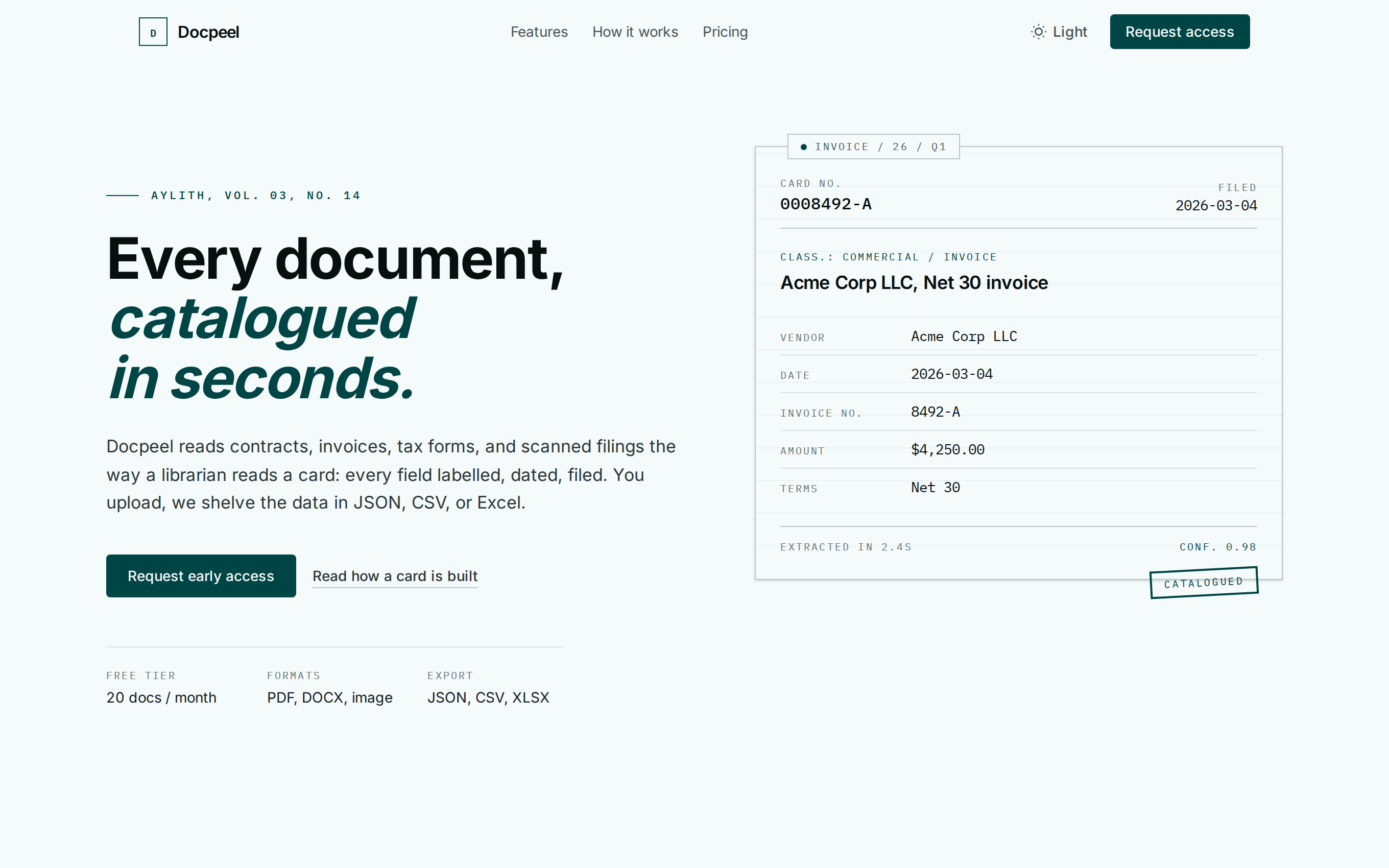 Docpeel landing: upload any document, get structured data back