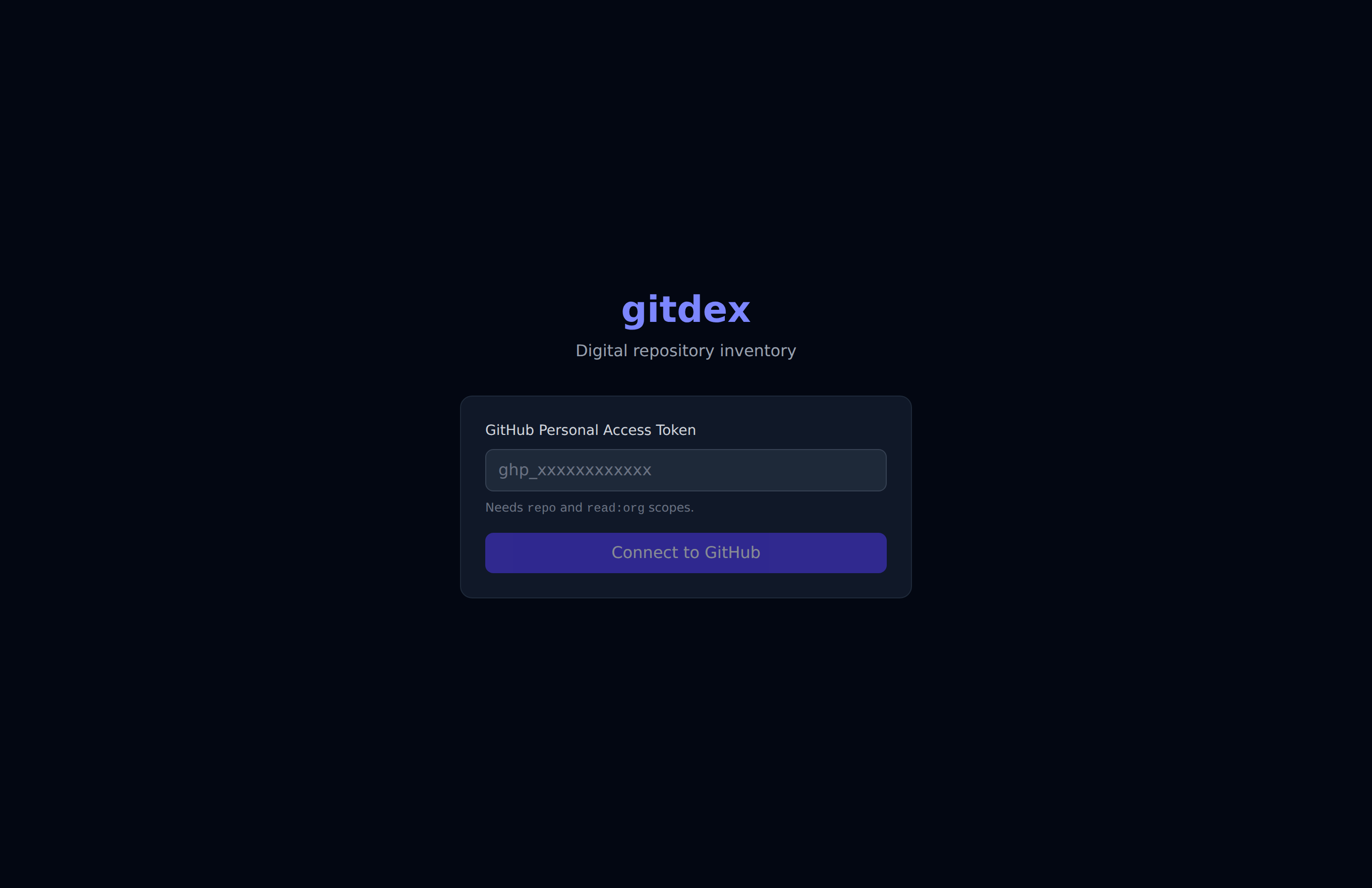 Gitdex connect screen: enter a GitHub personal access token to inventory your repositories