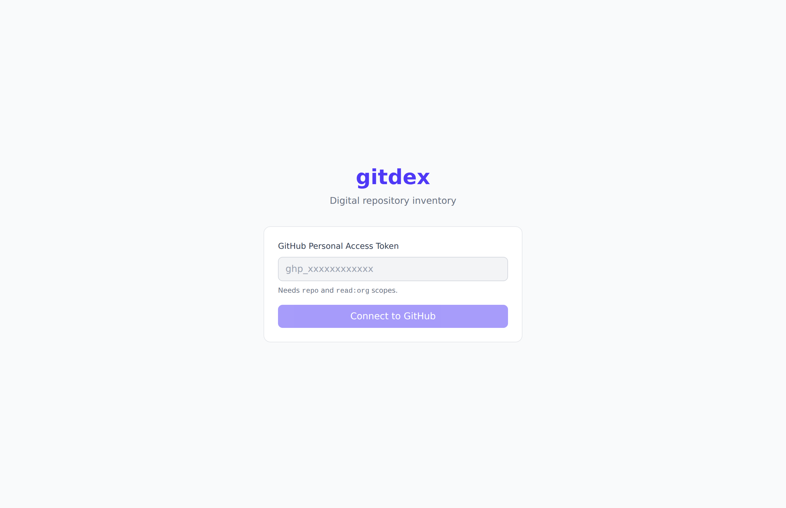 Gitdex connect screen: enter a GitHub personal access token to inventory your repositories