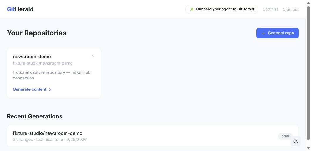 Actual local GitHerald dashboard with the fictional newsroom-demo repository and one draft generation