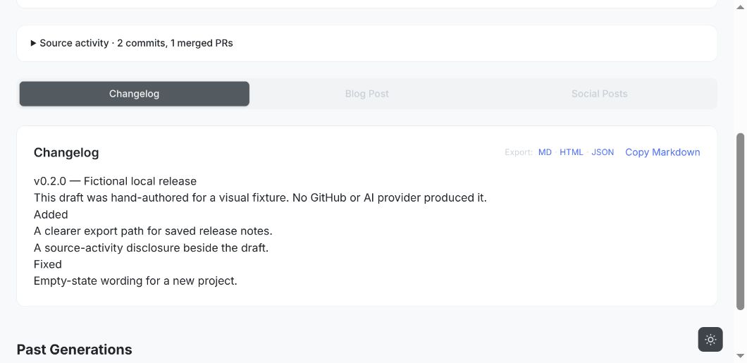 Actual GitHerald draft body and Markdown, HTML and JSON export controls; draft text explicitly says it was hand-authored for a visual fixture