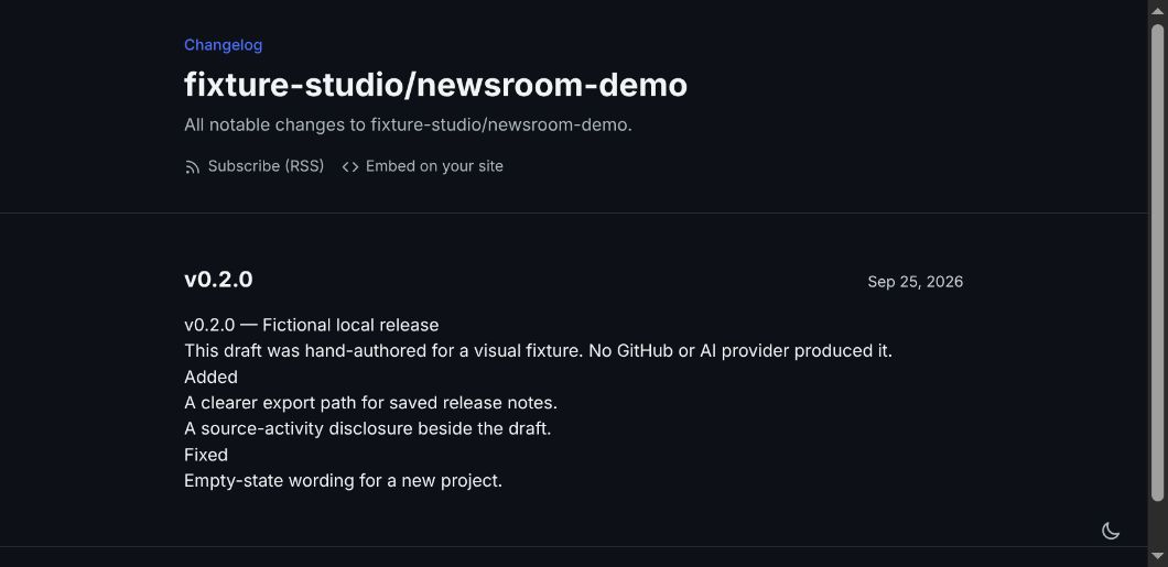 Actual local public GitHerald changelog route displaying fictional release v0.2.0 and explicit hand-authored fixture disclosure