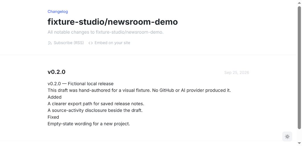Actual local public GitHerald changelog route displaying fictional release v0.2.0 and explicit hand-authored fixture disclosure