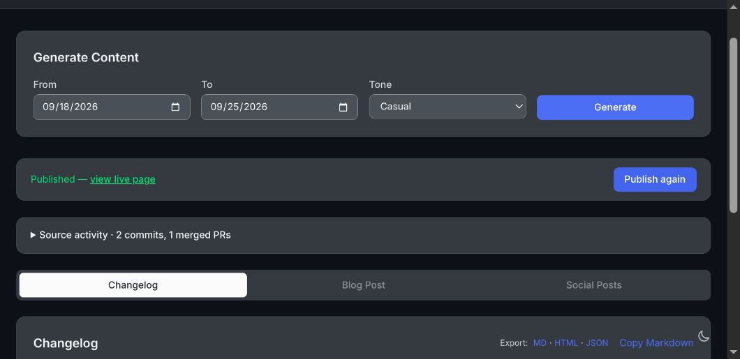 Actual local GitHerald review page after clicking Publish changelog, showing Published status and a view-live-page link
