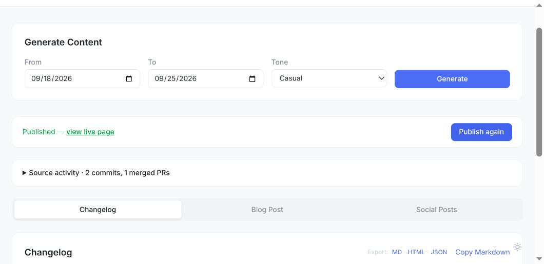 Actual local GitHerald review page after clicking Publish changelog, showing Published status and a view-live-page link