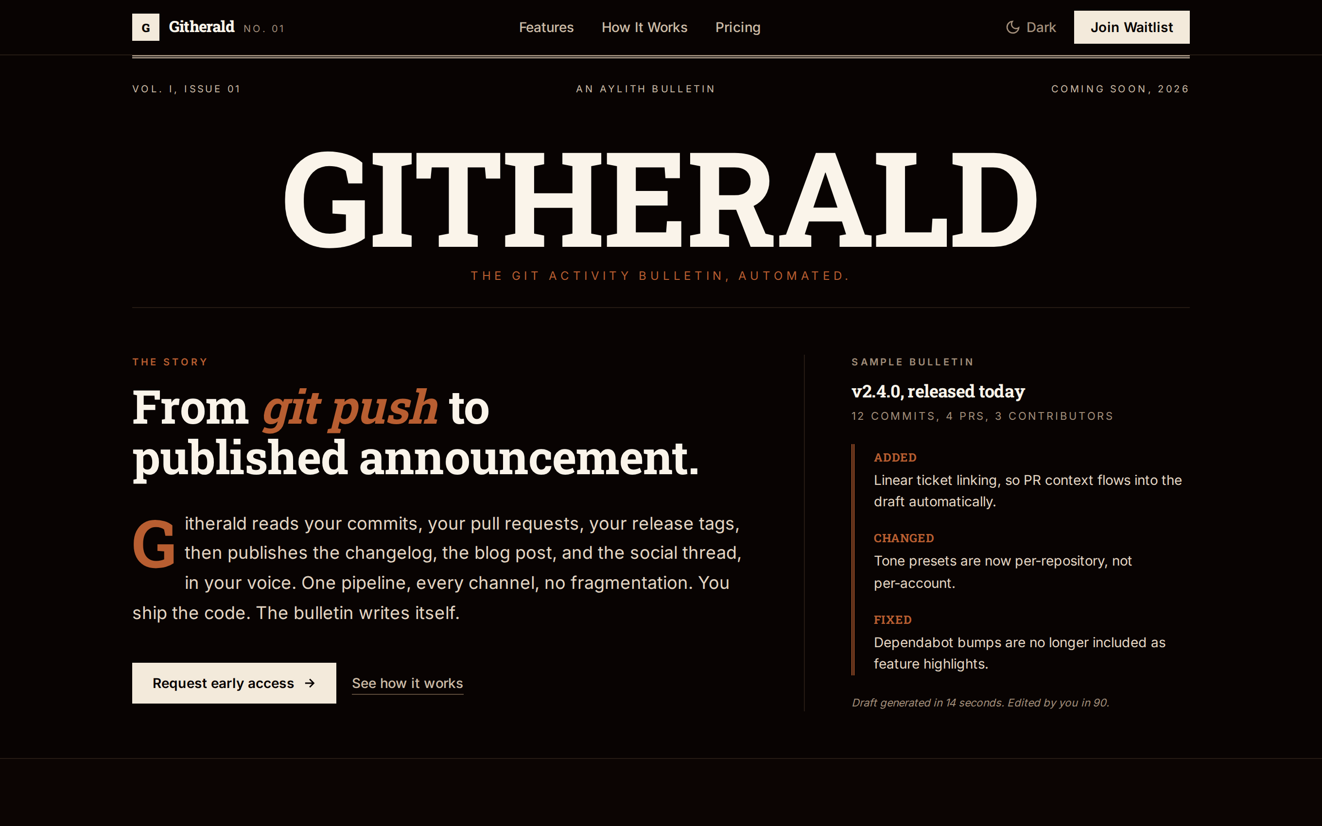 Githerald landing: from git push to published announcement, a newspaper-style git activity bulletin