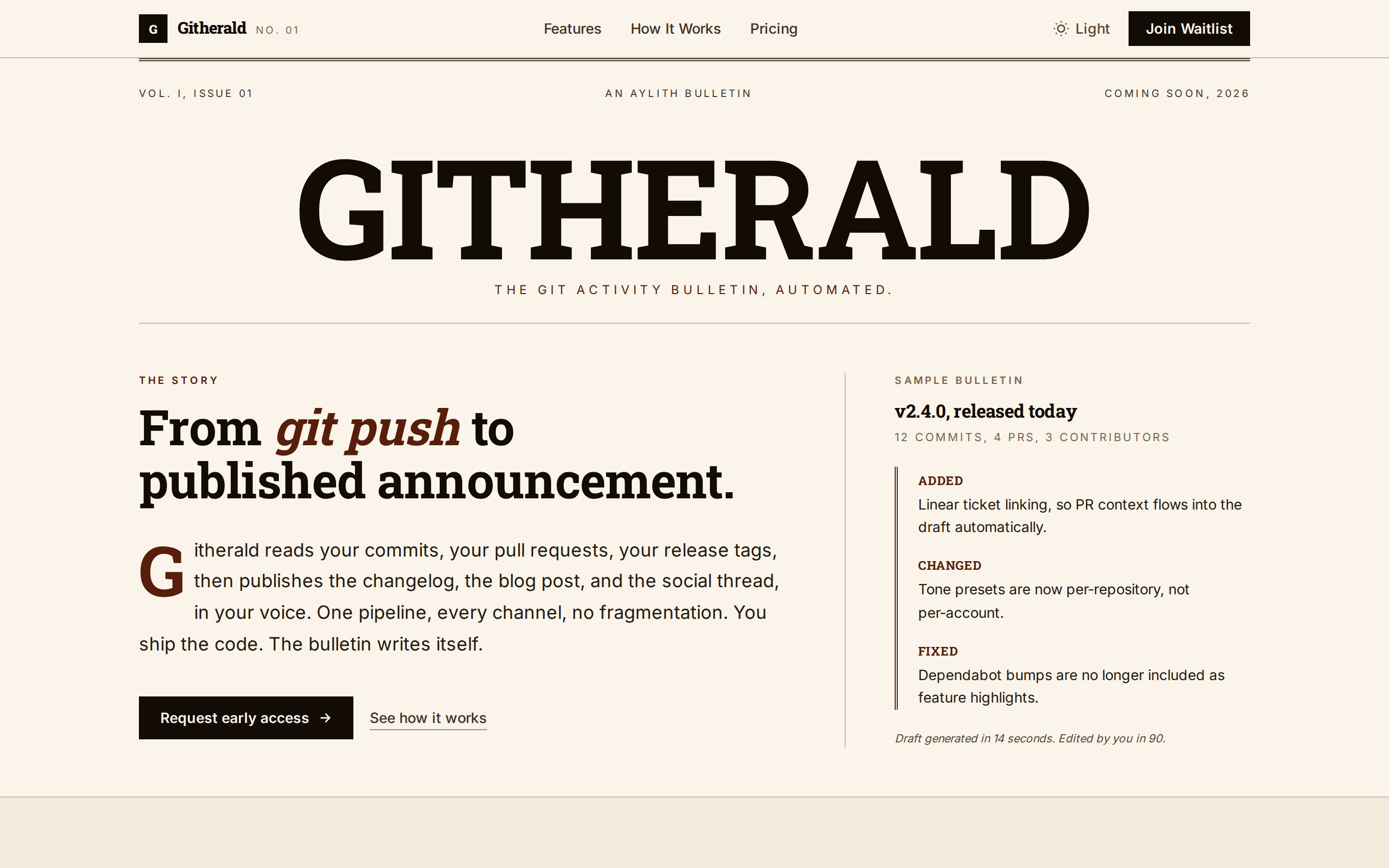 Githerald landing: from git push to published announcement, a newspaper-style git activity bulletin