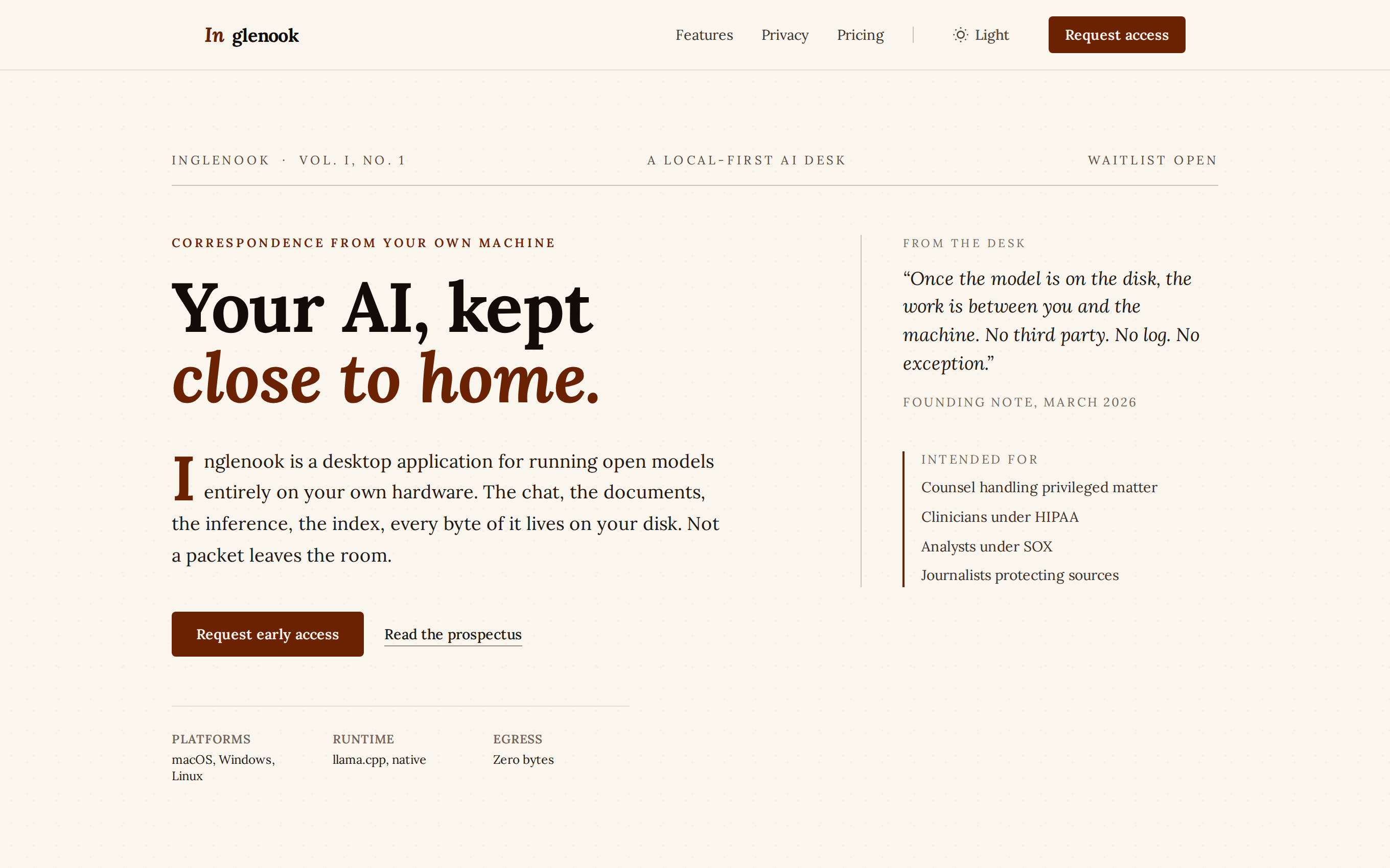 Inglenook landing: a desktop app for running local AI models on your own hardware
