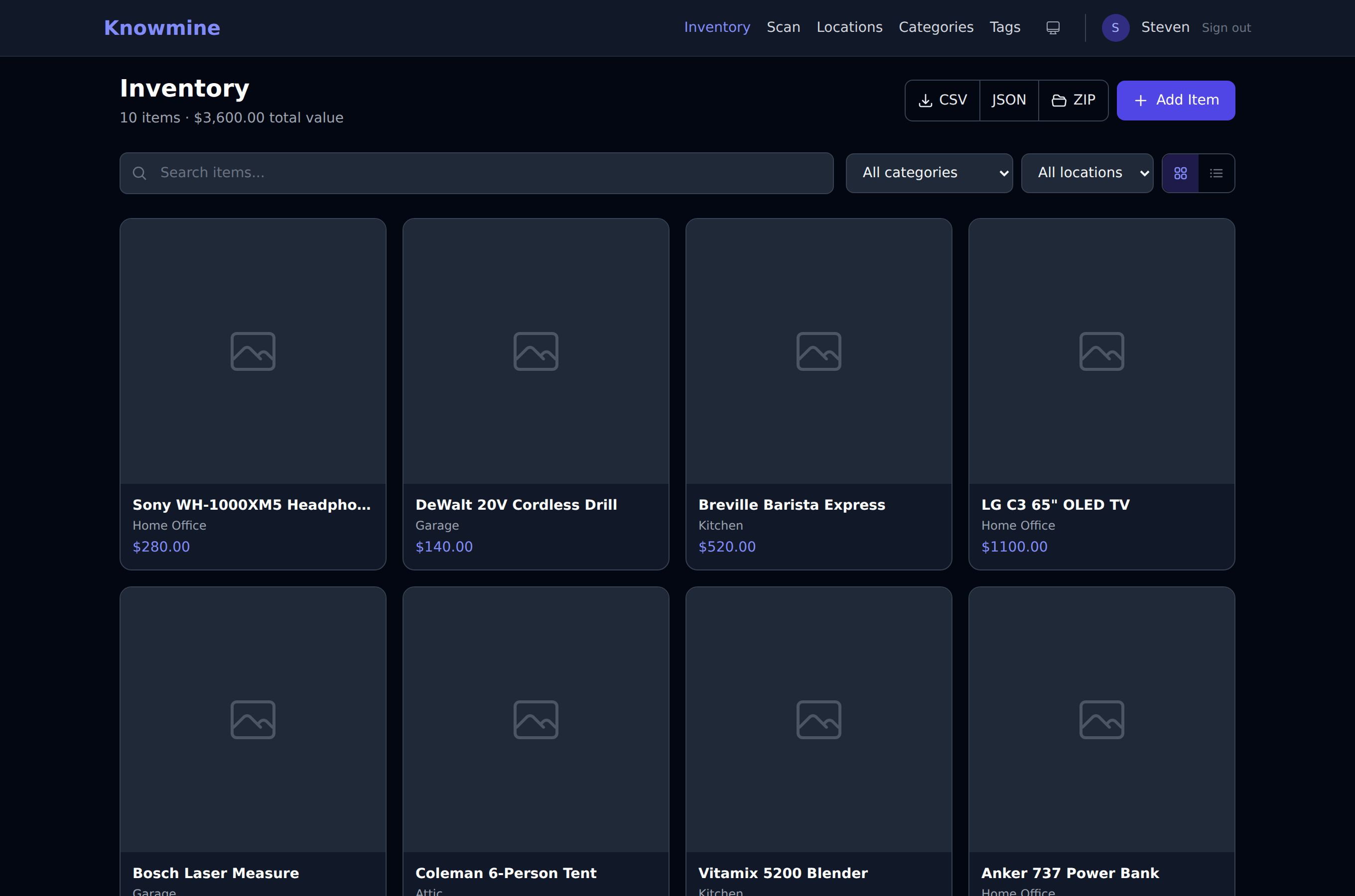 Knowmine inventory: items organized by location, category, and tags