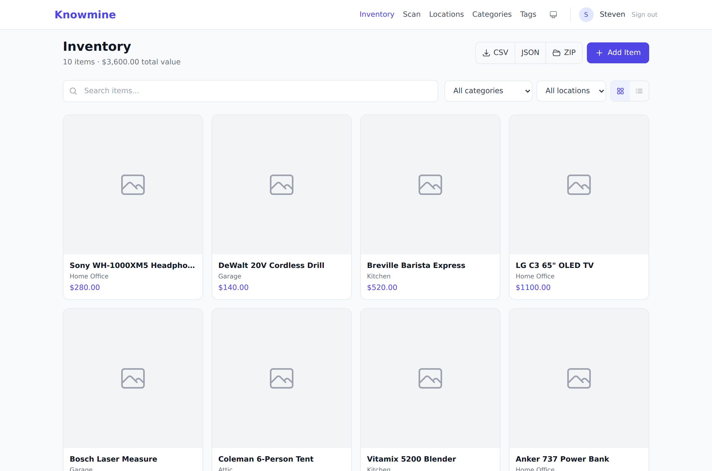 Knowmine inventory: items organized by location, category, and tags