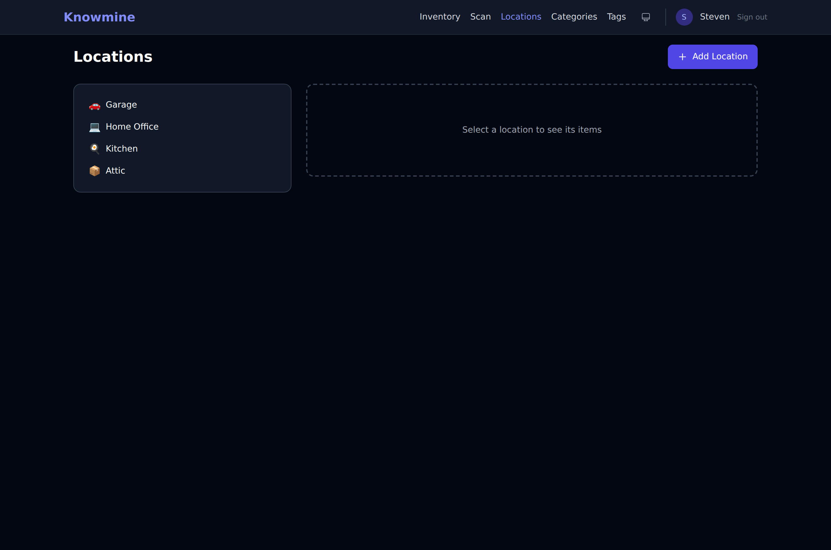 Knowmine locations page: browse the inventory by where things live