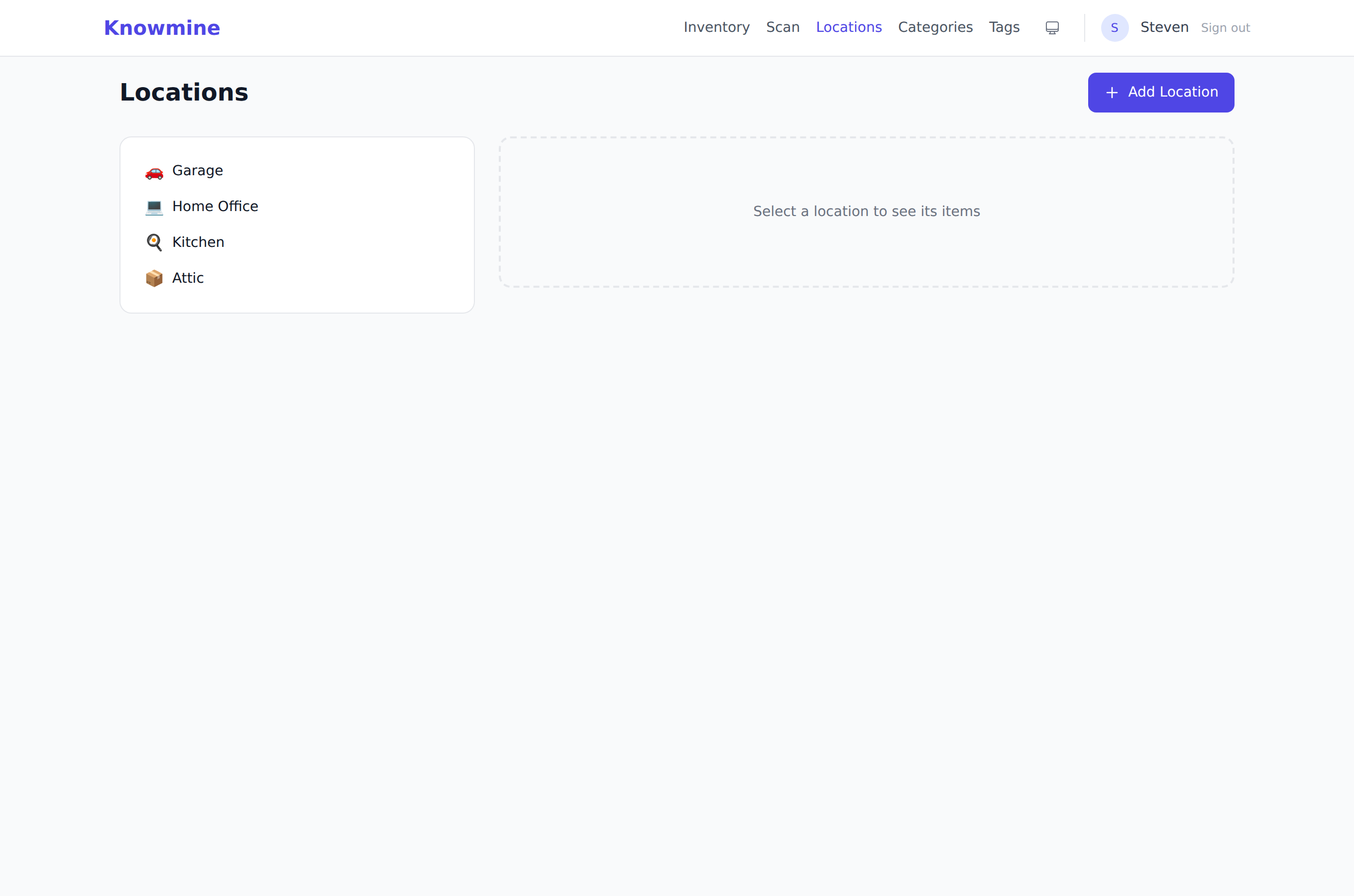 Knowmine locations page: browse the inventory by where things live