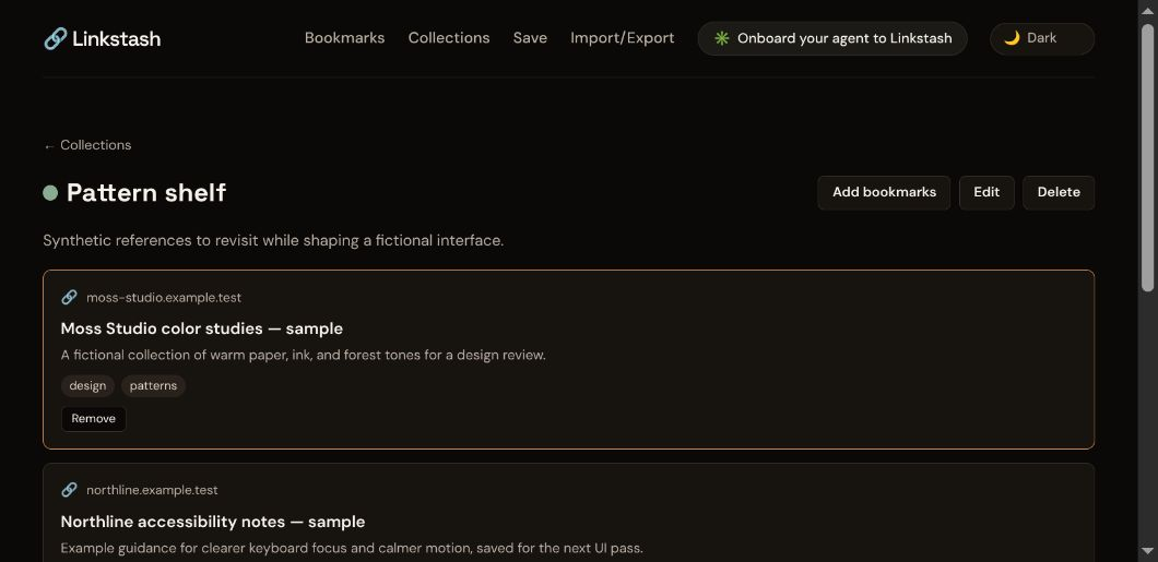 Actual Linkstash collection detail showing fictional bookmarked links