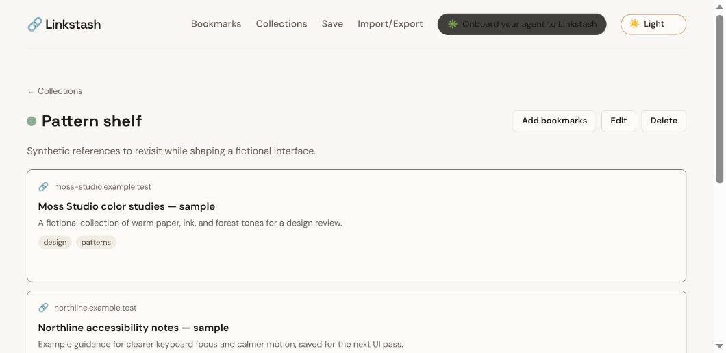 Actual Linkstash collection detail showing fictional bookmarked links