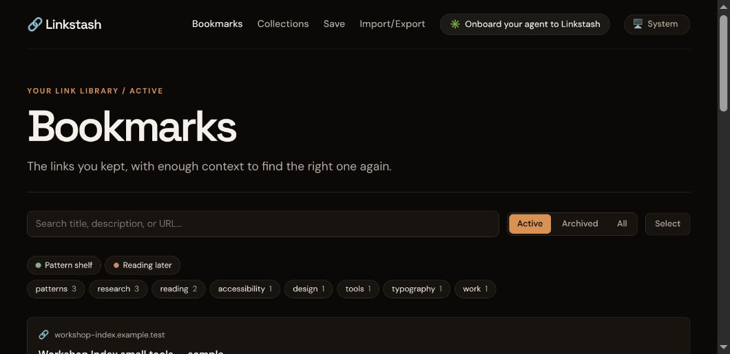 Actual Linkstash bookmark list containing fictional saved links
