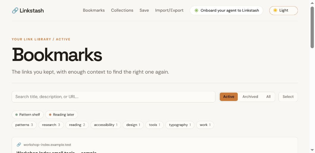 Actual Linkstash bookmark list containing fictional saved links