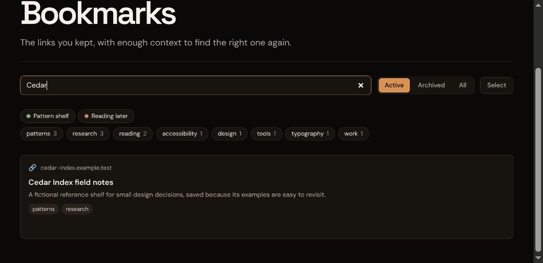 Actual Linkstash search narrowed to a fictional Cedar bookmark and its saved description