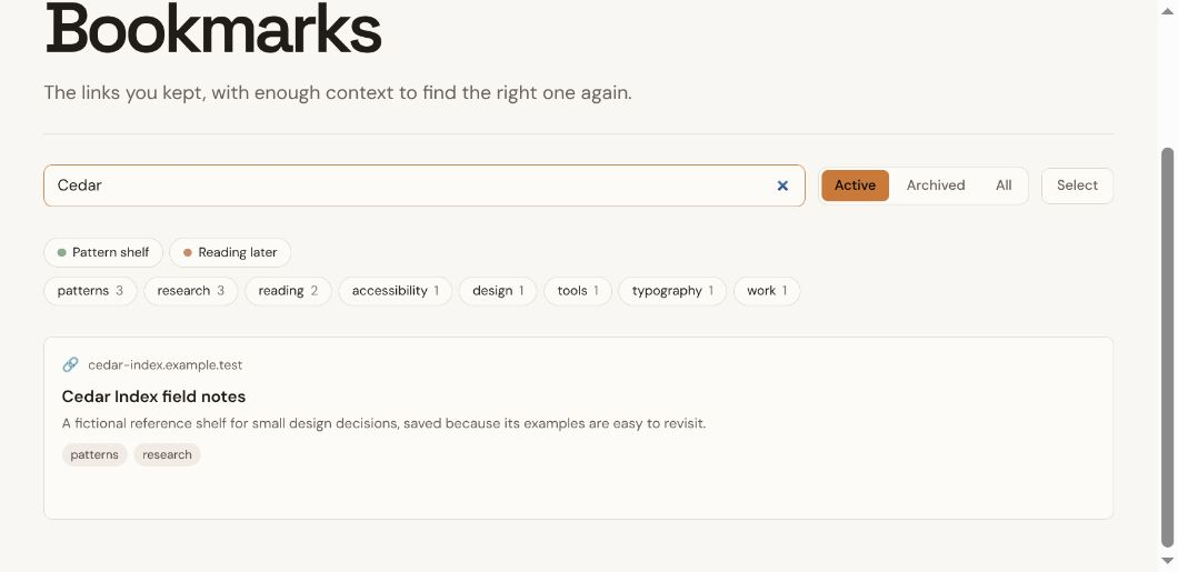 Actual Linkstash search narrowed to a fictional Cedar bookmark and its saved description