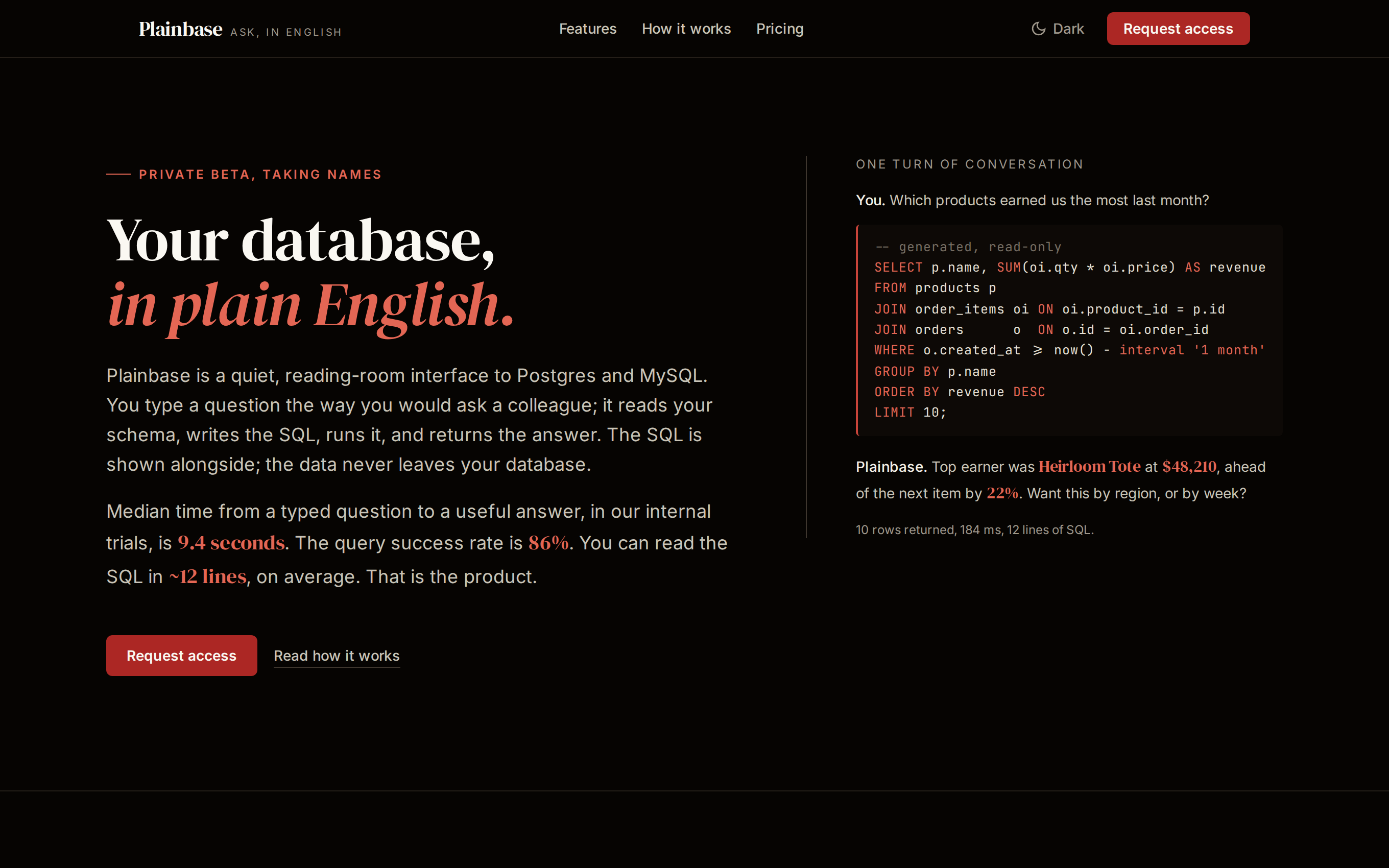Plainbase landing: your database, in plain English — a natural-language question turned into read-only SQL and a result