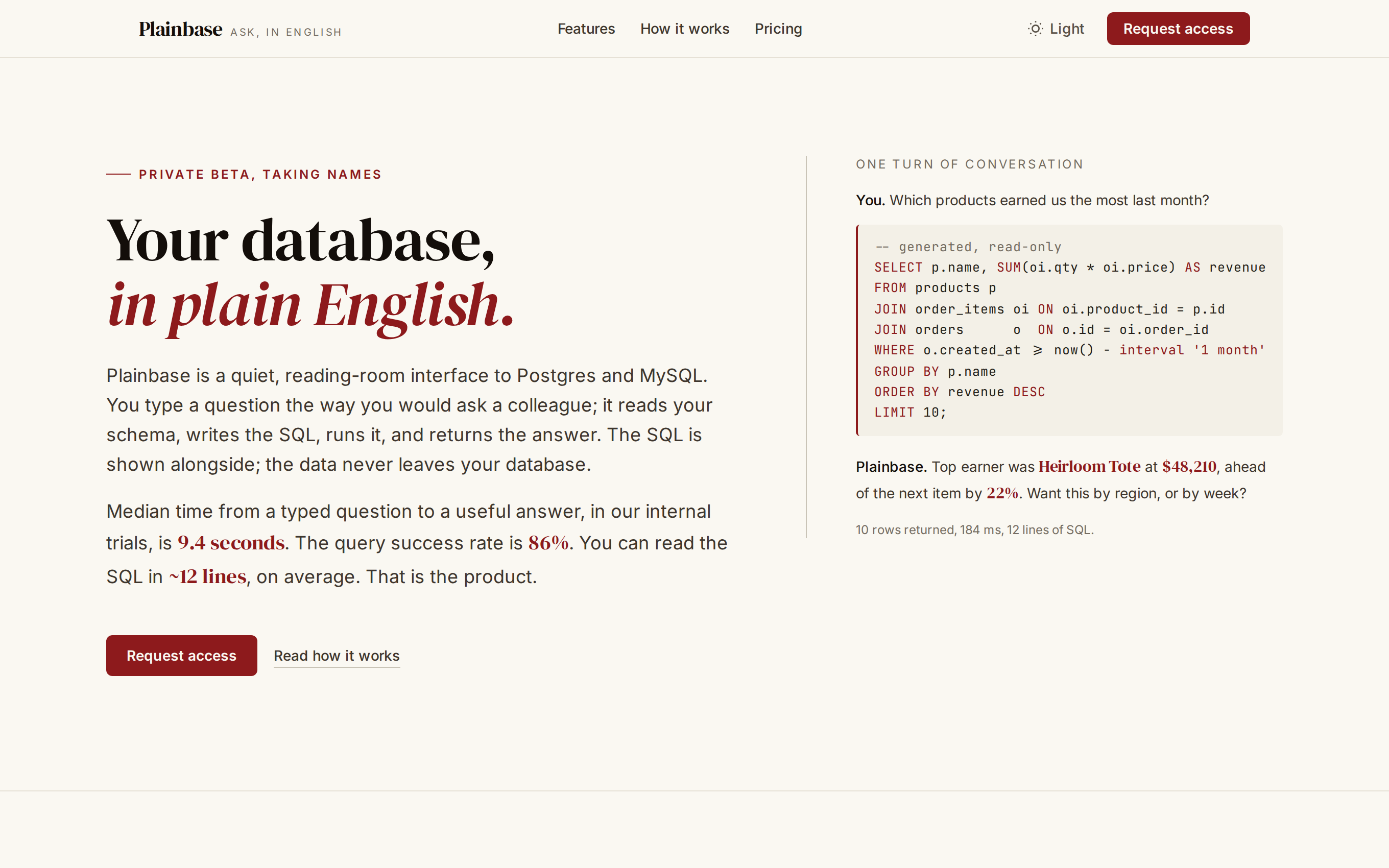 Plainbase landing: your database, in plain English — a natural-language question turned into read-only SQL and a result