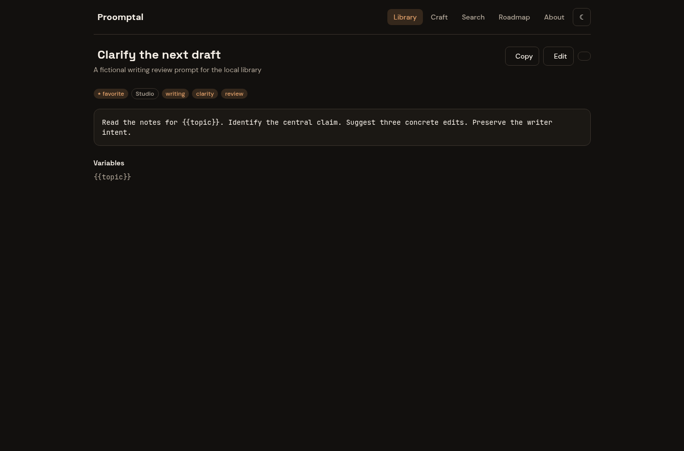 Actual Proomptal detail displaying the fictional stored body, tags and literal topic placeholder