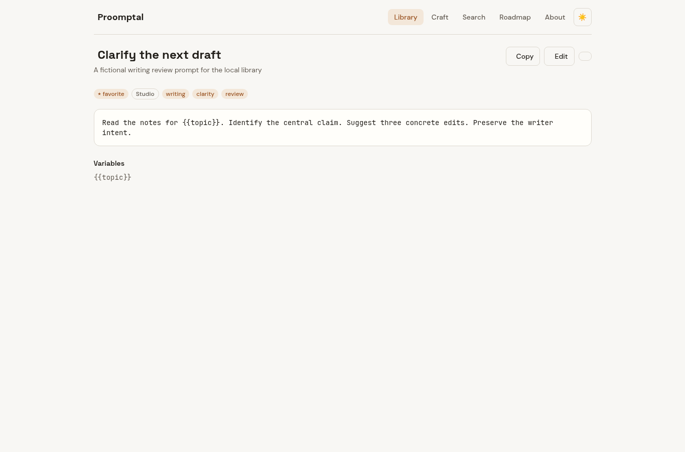 Actual Proomptal detail displaying the fictional stored body, tags and literal topic placeholder