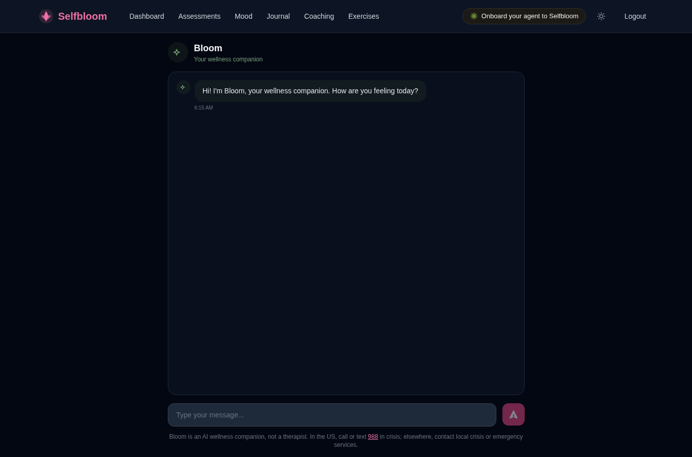 Selfbloom coaching page before an AI conversation, with only the initial greeting visible