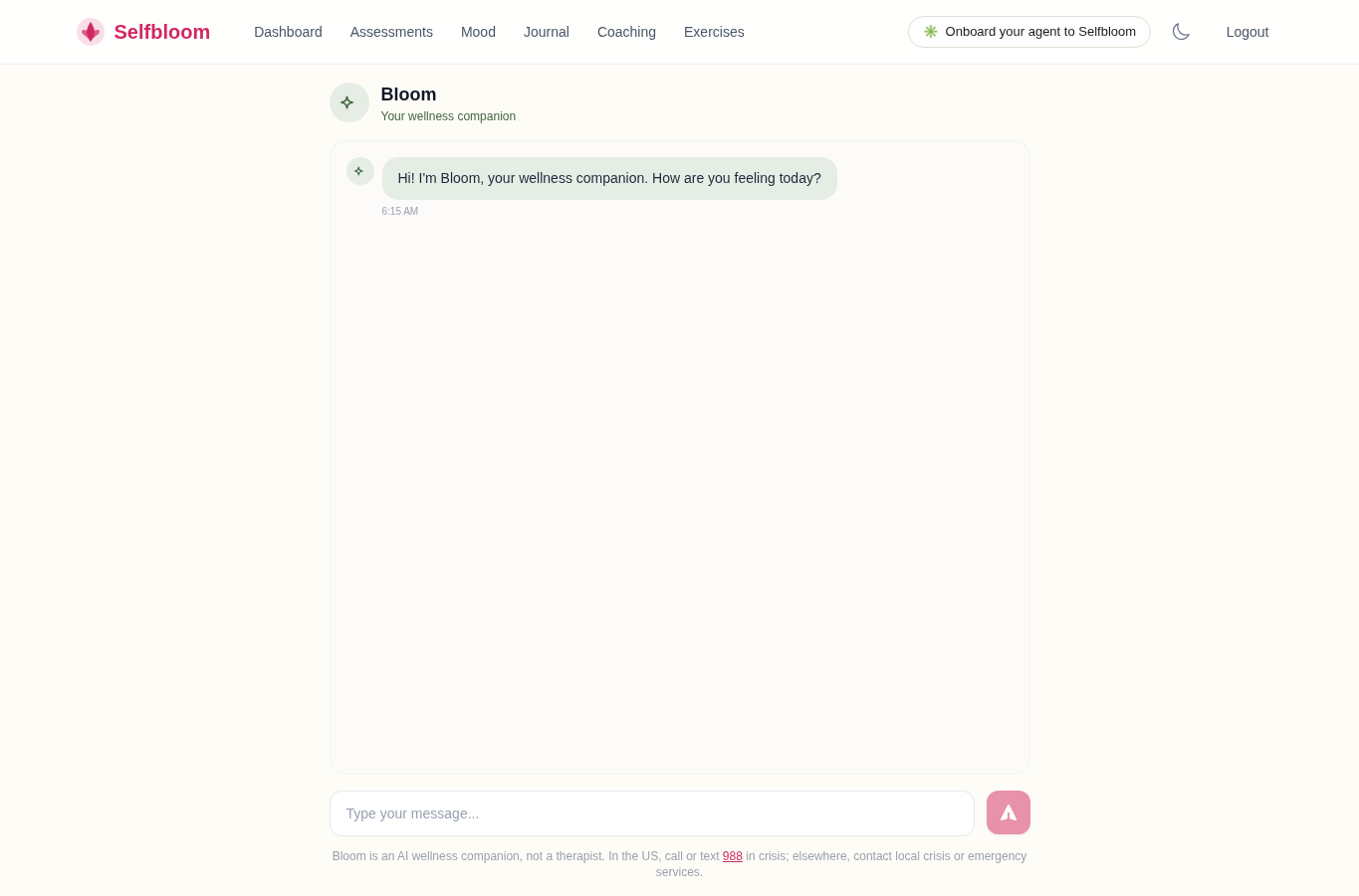 Selfbloom coaching page before an AI conversation, with only the initial greeting visible