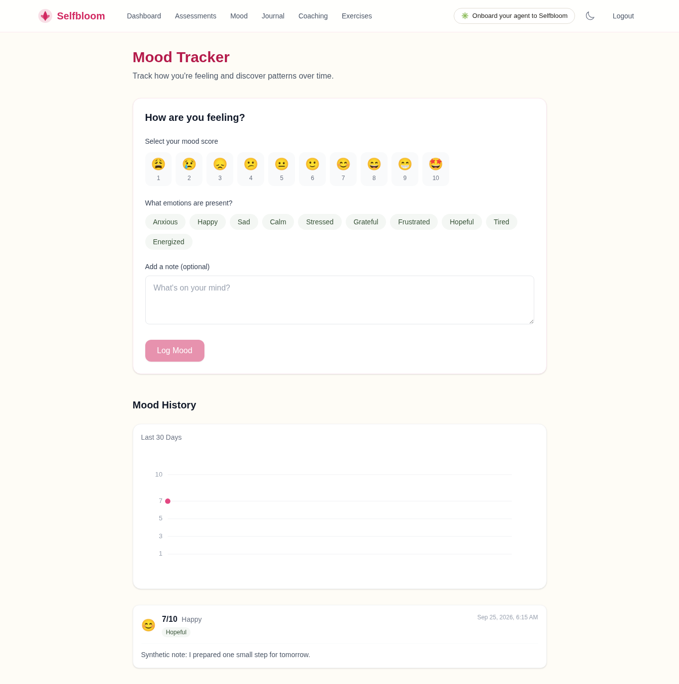 Selfbloom mood page with a saved 7/10 synthetic sample entry
