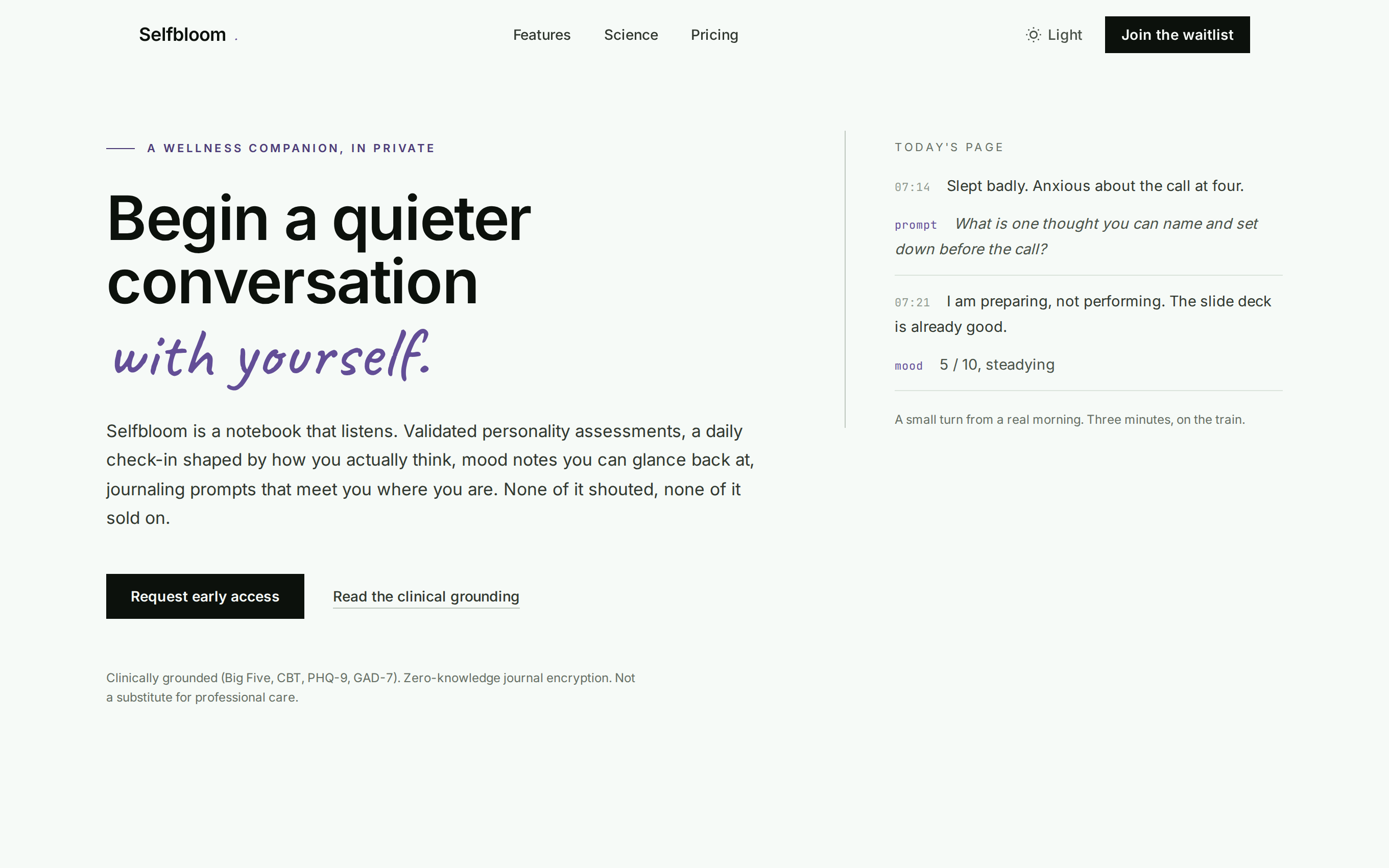 Selfbloom landing: an AI wellness companion — understand yourself, grow every day