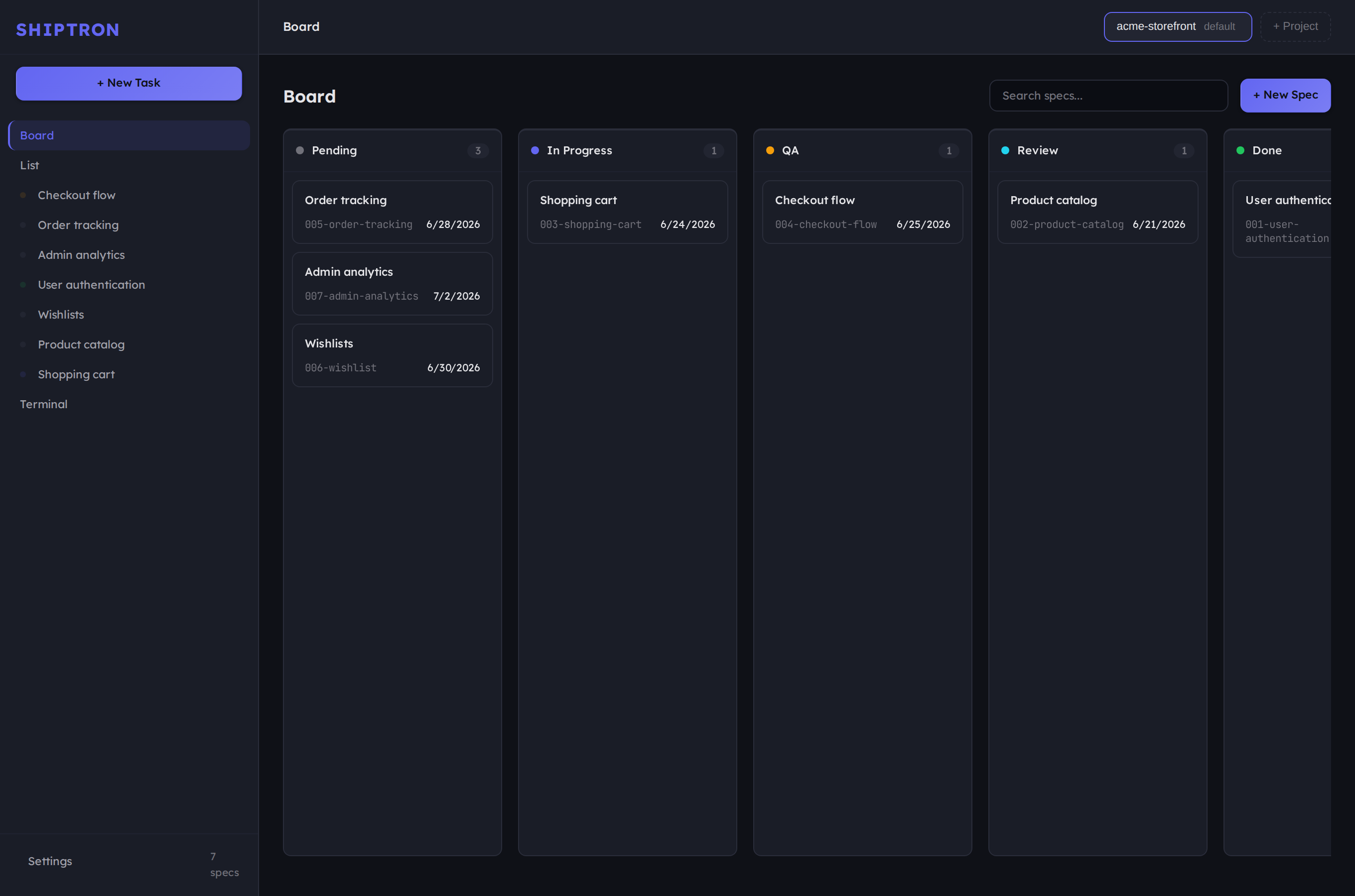 Shiptron dashboard: the Kanban board tracking agent work across a project