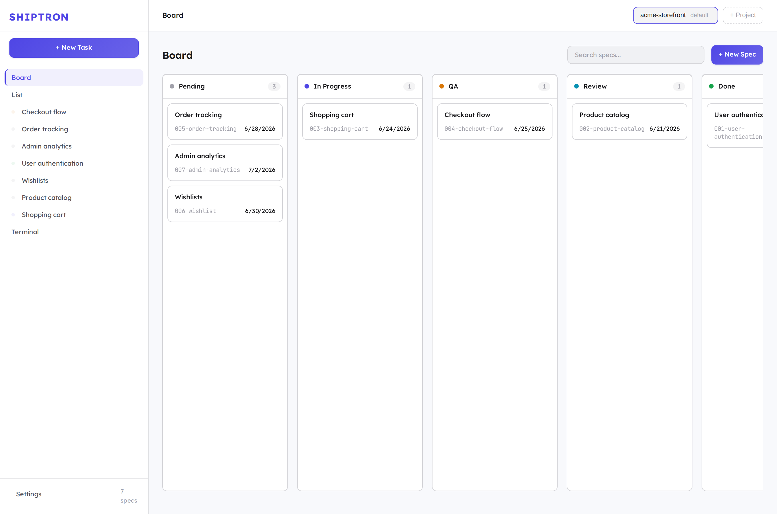 Shiptron dashboard: the Kanban board tracking agent work across a project