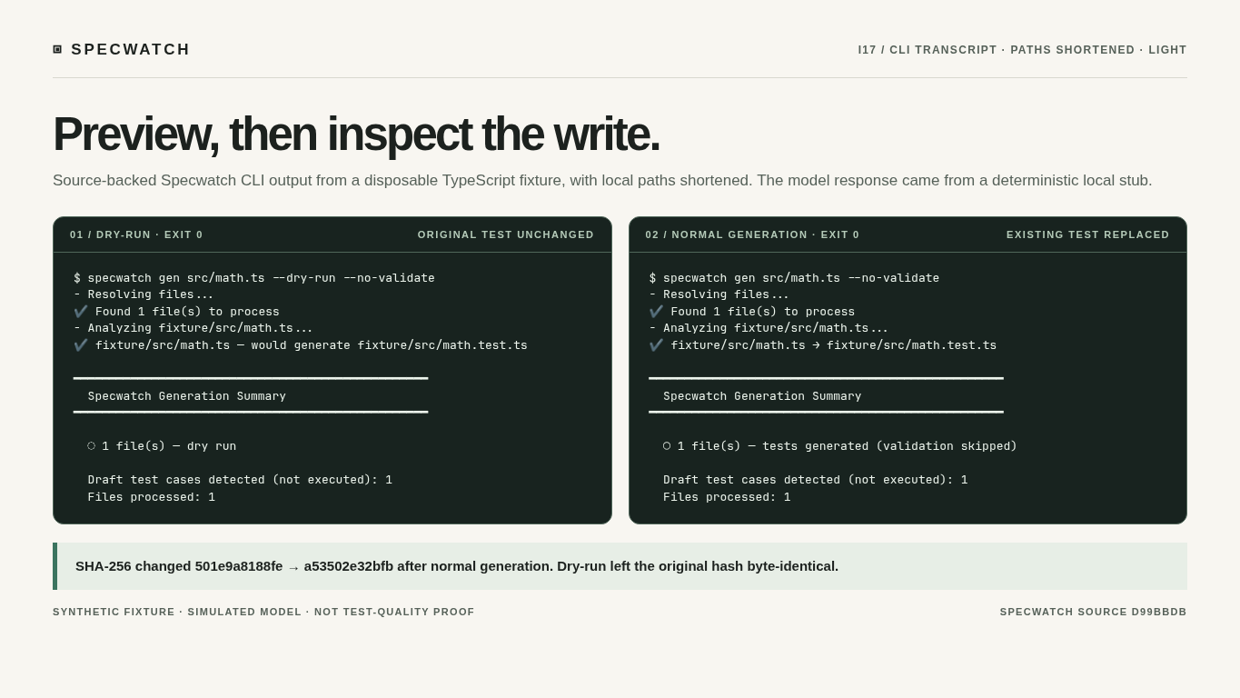 Designed Specwatch CLI transcript cards for dry-run and normal generation against a synthetic fixture with simulated model response