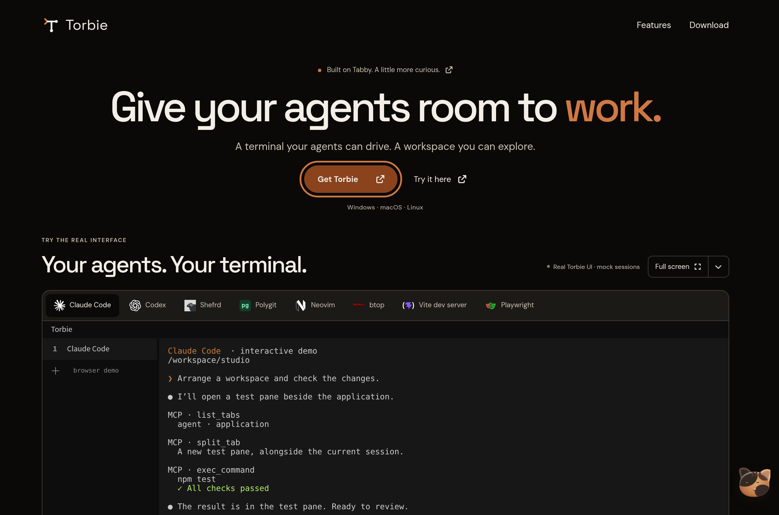Torbie's website with a focused download button and the interactive Claude Code terminal preview