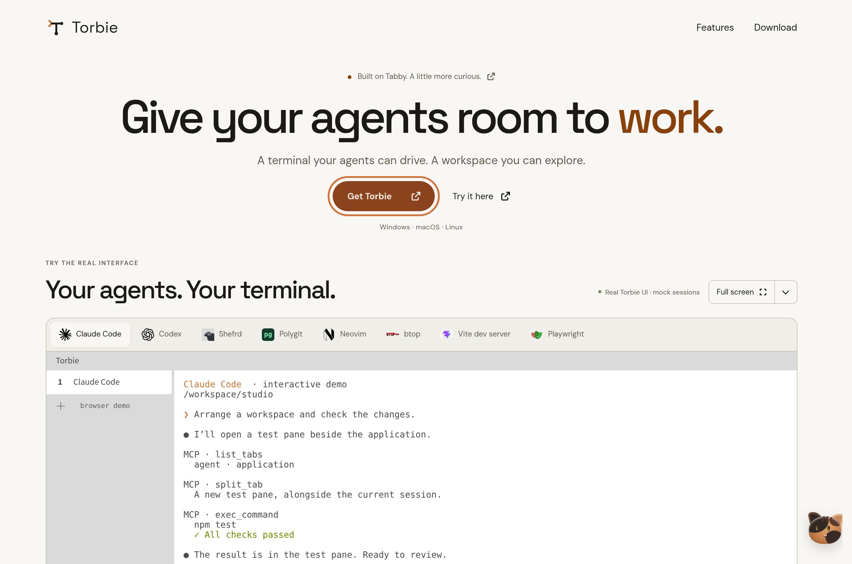 Torbie's website with a focused download button and the interactive Claude Code terminal preview